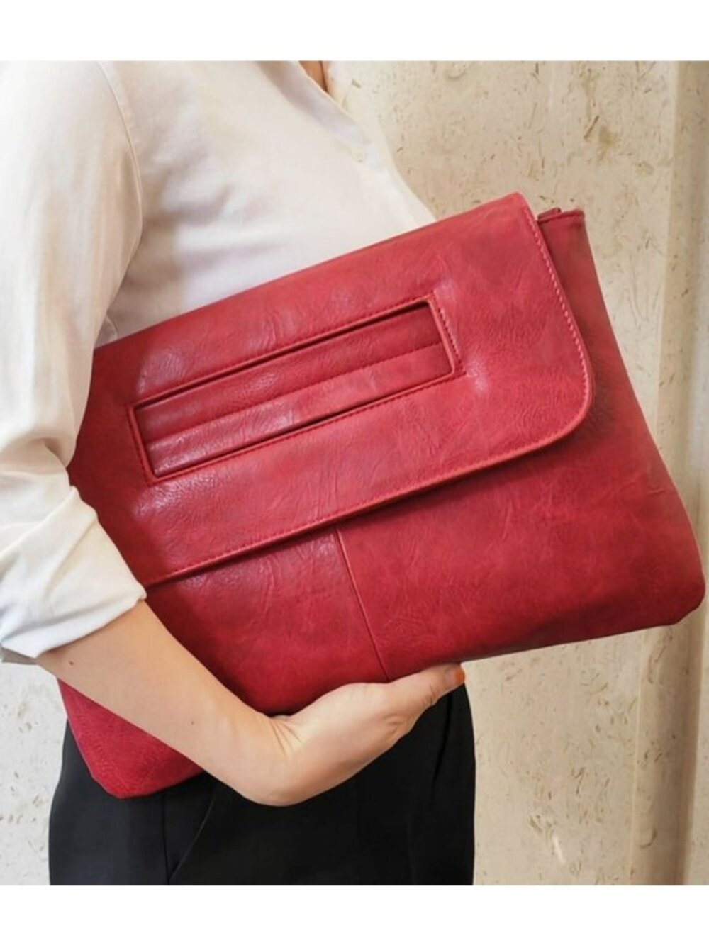 Red Faux Leather Foldover Clutch/Shoulder Bag With Magnetic Snap Closure Detacha